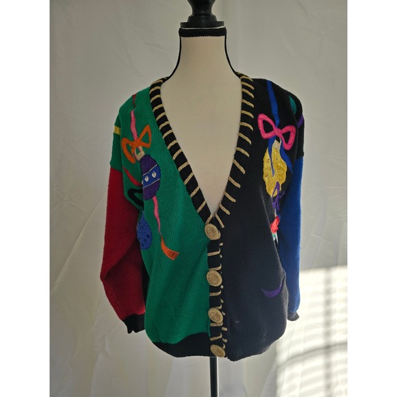 Sweaters - Womens Ugly Christmas Sweater Cardigan Ornaments Bows Holiday Fun‎ L